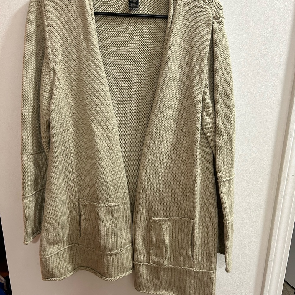 Pure Handknit Beige Cotton Open Front Cardigan Sweater L/XL Tan Textured‎ Knit